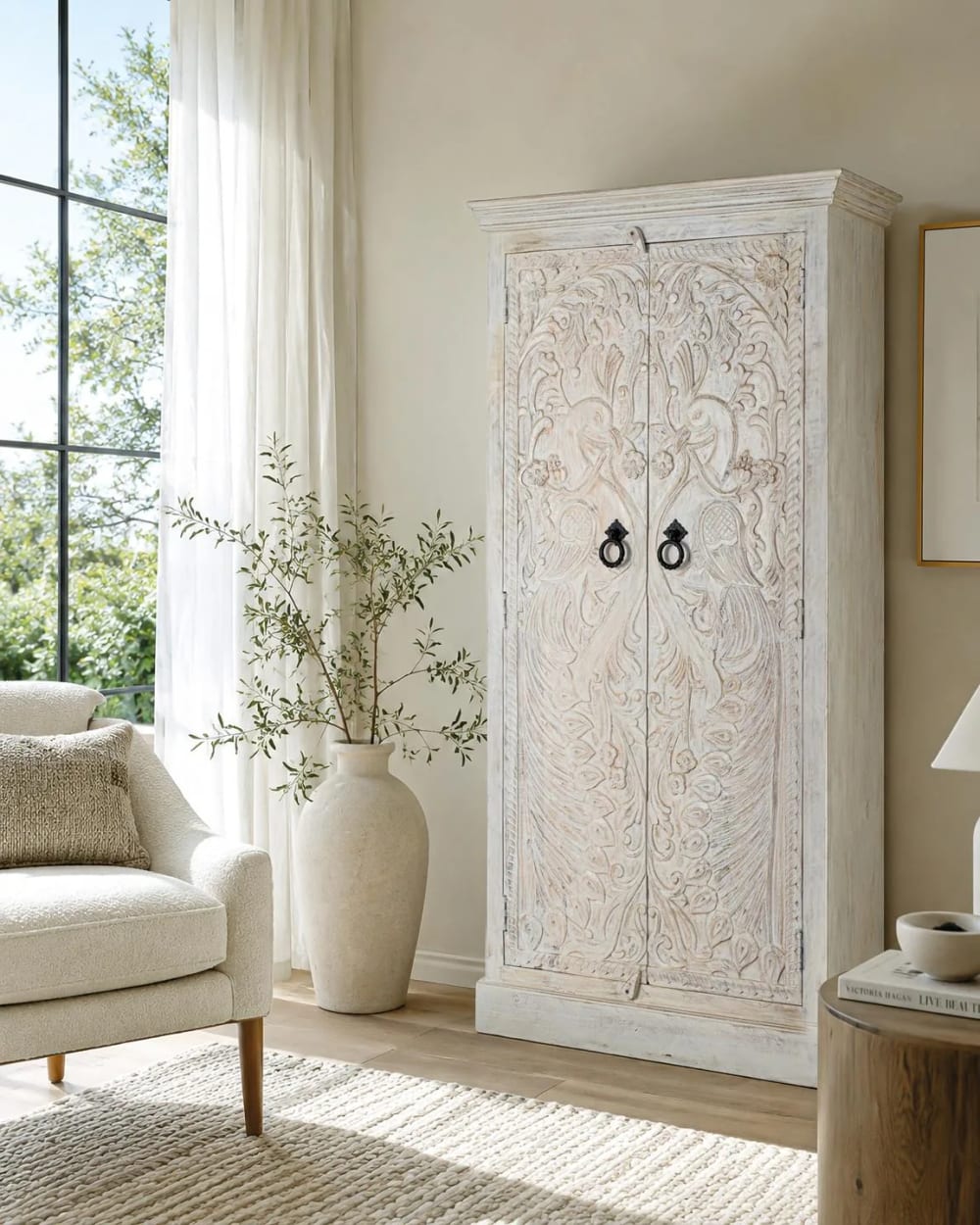wohnli-moebel-suche-M25069768-1 Kleiderschrank aus Mangoholz mit geschnitzten Türen im Ethno-Stil 90x183x40cm Holz Weiß GINER Y COLOMER Möbel Schlafzimmermöbel Schränke