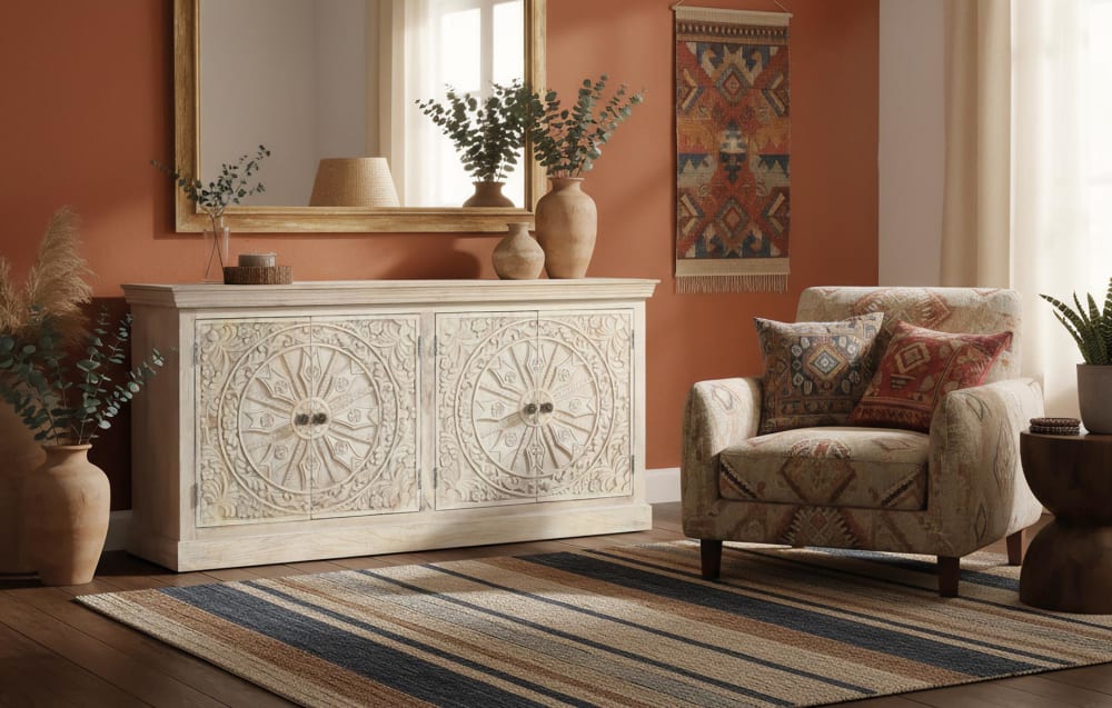 wohnli-moebel-suche-M25069774-1 Sideboard mit vier Türen handgefertigt aus Mangoholz 180x90x40cm Holz Beige GINER Y COLOMER Möbel Esszimmermöbel Sideboards, Highboards & niedrige Anrichten