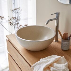 wohnli-moebel-suche-M25070173 Wohnli Möbelsuche - Rundes Waschbecken aus cremefarbenem Terrazzo ∅ 36 cm