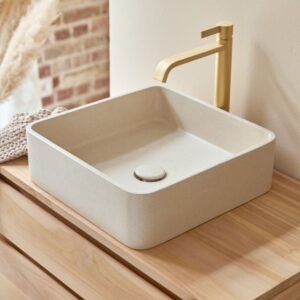wohnli-moebel-suche-M25070219 Wohnli Möbelsuche - Quadratisches Waschbecken aus cremefarbenem Terrazzo b. 39 cm