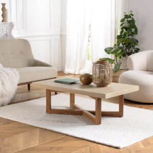 Rechteckiger Couchtisch aus Beton mit gekreuzten Beinen aus Teakholz 120x42x70cm Beton Beige MACABANE Möbel Wohnzimmermöbel Couchtische