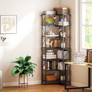 Bibliothèque d'angle à 7 niveaux industriel brun rustique 60x198x60cm Spanplatte Braun Homcom Möbel Wohnzimmermöbel Bücherregale