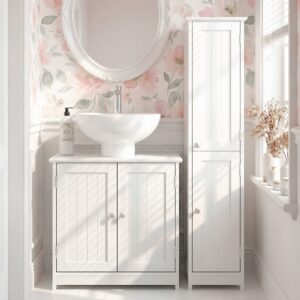 wohnli-moebel-suche-M25072362-1 Meuble vasque 2 portes rainurées avec étagère 60x60x30cm Spanplatte Weiß Kleankin Möbel Badezimmermöbel Waschtische