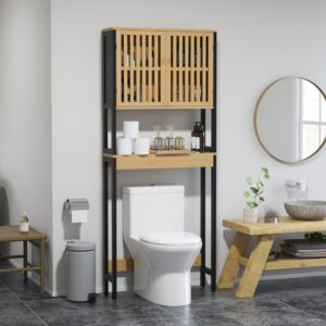 Bambus-Klappregal 2Türen natur/schwarz 60x172x22cm Holz Beige Homcom Möbel Badezimmermöbel Badezimmerschränke