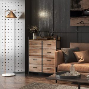 wohnli-moebel-suche-M25072818-1 Commode 8 tiroirs et étagère métal noir non tissé aspect chêne 79x101x29cm Spanplatte Beige Homcom Möbel Schlafzimmermöbel Aufbewahrungsmöbel