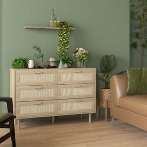 Commode 6 tiroirs meuble de rangement rotin bois clair 110x75x40cm Spanplatte Beige Homcom Möbel Schlafzimmermöbel Aufbewahrungsmöbel