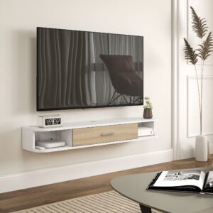wohnli-moebel-suche-M25072832-1 Weißer Eichenoptik-Wand-TV-Schrank mit Klapptür 120x16x26cm Spanplatte Weiß Homcom Möbel Wohnzimmermöbel TV-Möbel