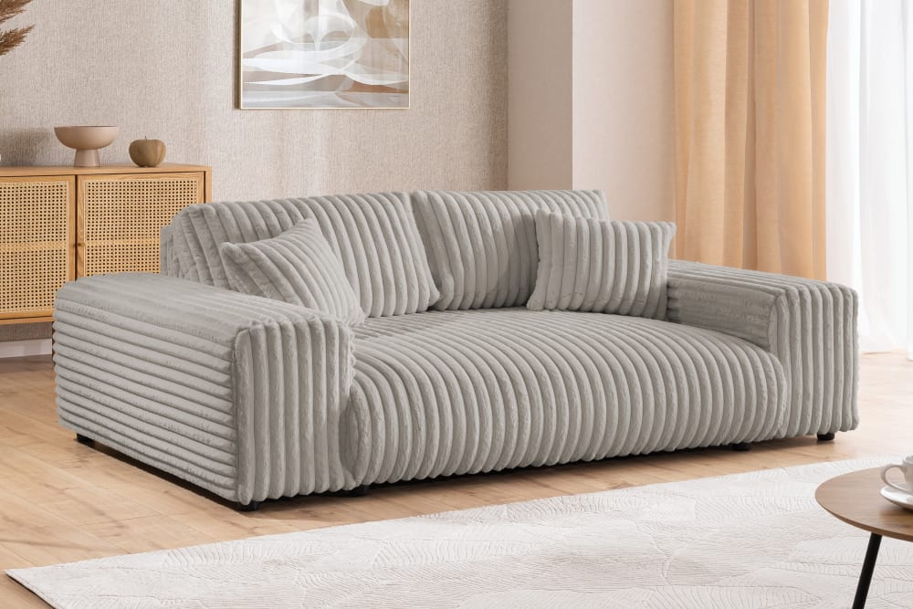 Sofa 3 Sitzer aus Hellgrau Plüschcord 108x79x213cm Holz Grau S-Style Sofas und Sessel Sofas 2-Sitzer-Sofas & 3-Sitzer-Sofas