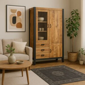 Vitrinenschrank Britt mit Glastür links, natur 45x200x100cm Holz Braun Benoa Möbel Esszimmermöbel Vitrine und Vitrinenschrank