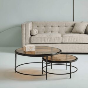 wohnli-moebel-suche-M25074807-1 Satztische aus Rauchglas und schwarzem Metall L86 cm 86x46x86cm Metall Schwarz Signature Möbel Wohnzimmermöbel Couchtische
