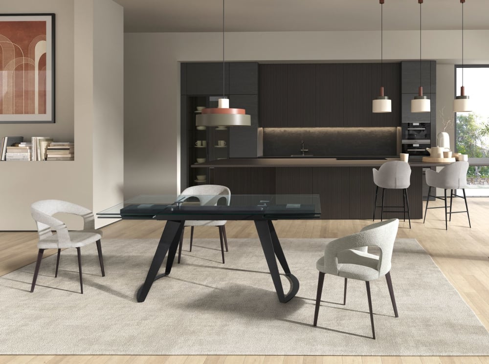 Rechteckiger Ausziehtisch aus Glas und schwarzem Stahl 100x75x180cm Glas Schwarz Angel Cerda Möbel Esszimmermöbel Esstische