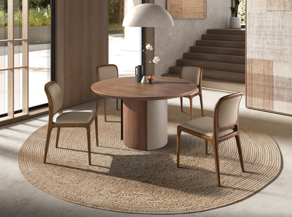 wohnli-moebel-suche-M25075077 Wohnli Möbelsuche - Runder Esstisch Nussbaum und Stahl metallic sand