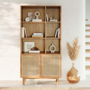 wohnli-moebel-suche-M25075345-1 Massive Bibliothek aus Mindi-Holz und Rattan 92x180x42cm Holz Braun Maison Pavane Möbel Wohnzimmermöbel Bücherregale
