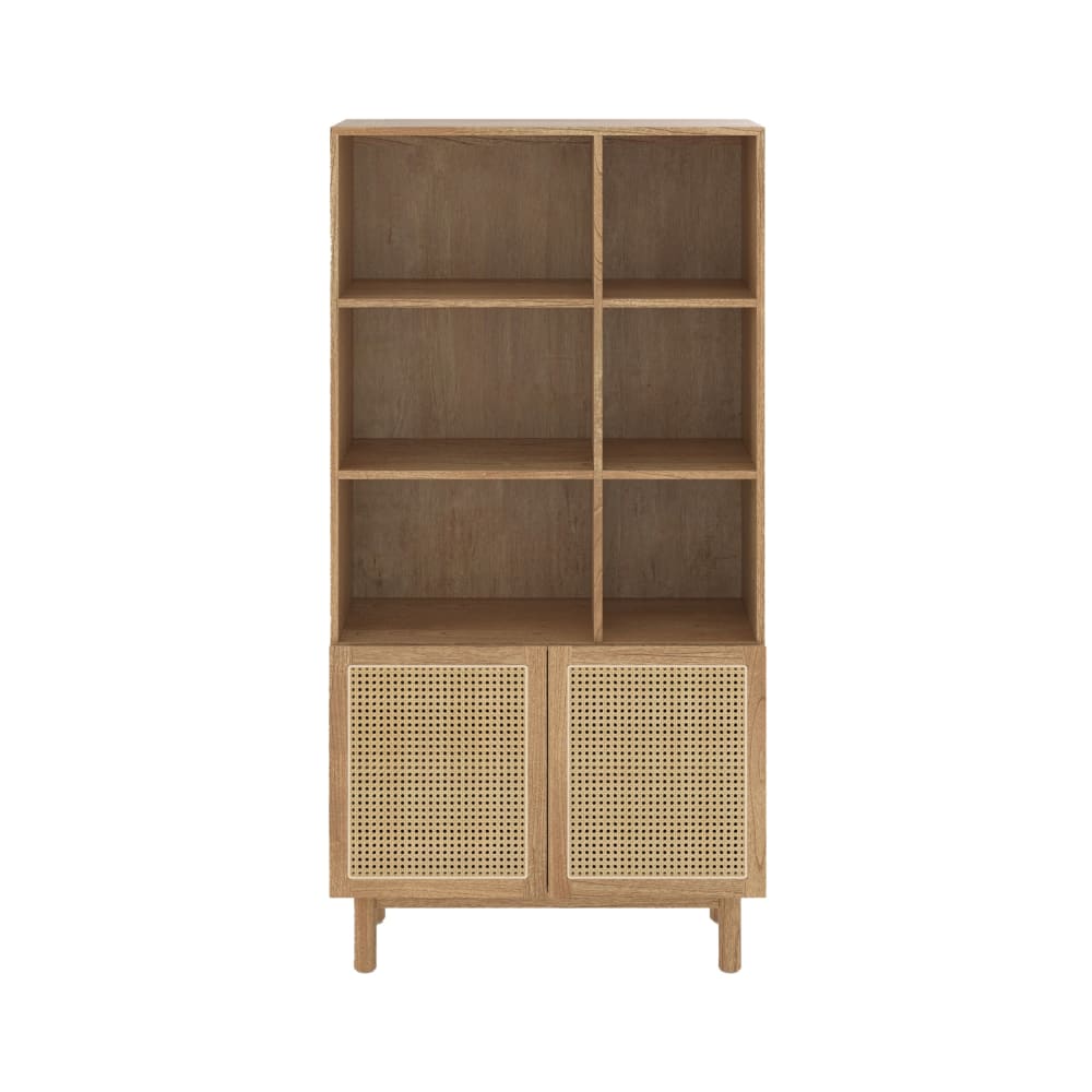 Wohnli Möbelsuche - Massive Bibliothek aus Mindi-Holz und Rattan