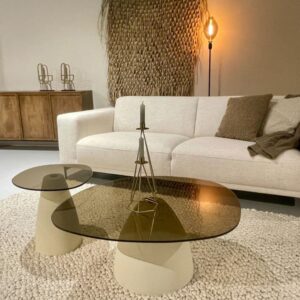 wohnli-moebel-suche-M25075993-1 Couchtisch 50 cm aus elfenbeinfarbenem Metall und Rauchglas 50x40x43cm Metall Weiß Moloo Möbel Wohnzimmermöbel Beistelltische