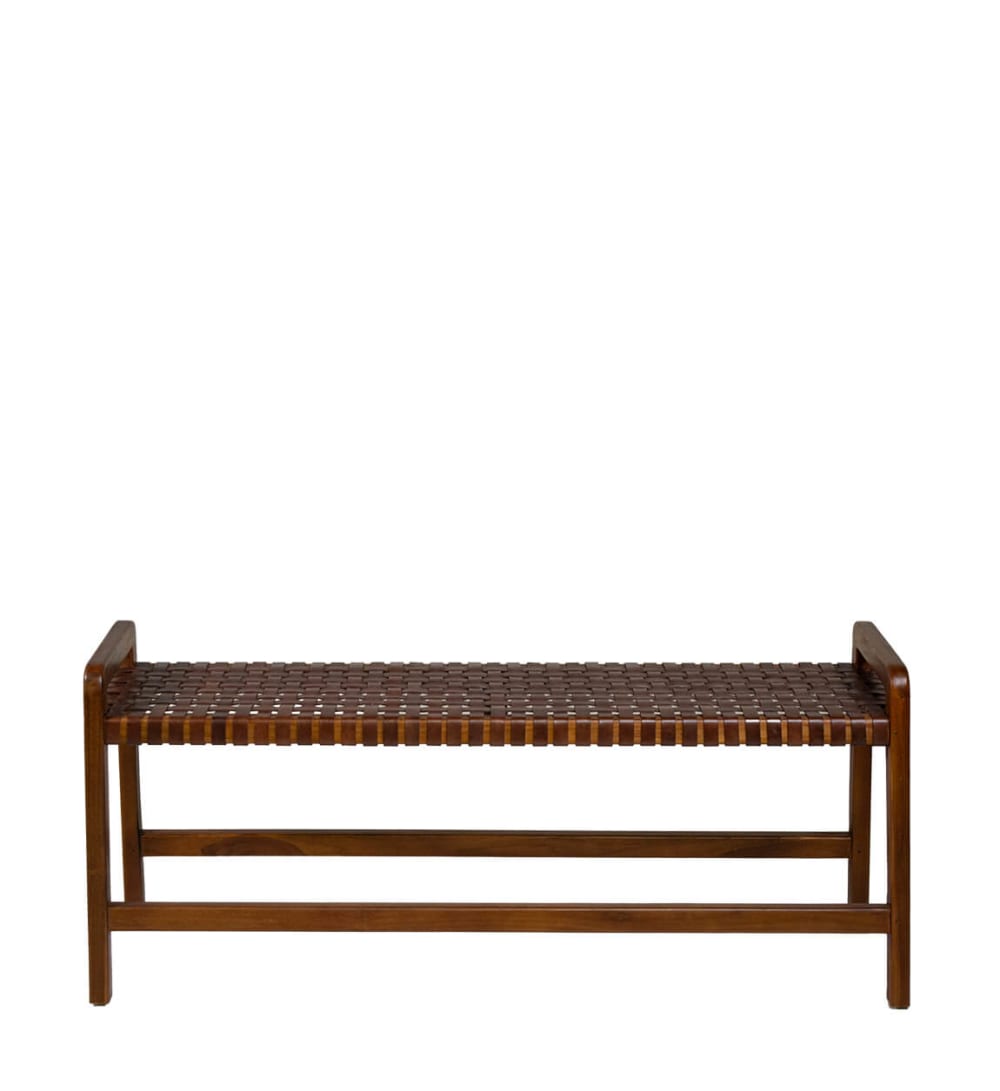 Bank aus Teak und braunem Leder 120x53x39cm Holz Braun MOYCOR Möbel Esszimmermöbel Sitzbank und Holzbank