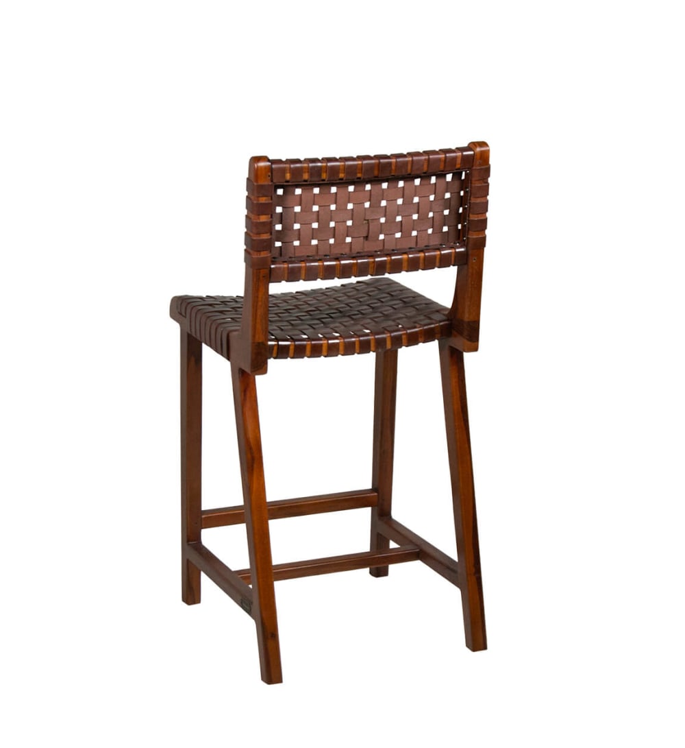 Hoher Stuhl aus Teak und braunem Leder 43x90x50cm Holz Braun MOYCOR Möbel Esszimmermöbel Barhocker