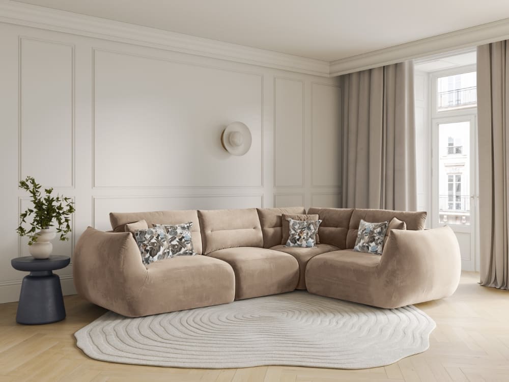 5-Sitzer Ecksofa rechts aus Samt mandelbeige 210x90x297cm Samt Beige CXL by Christian Lacroix Sofas und Sessel Sofas Ecksofas