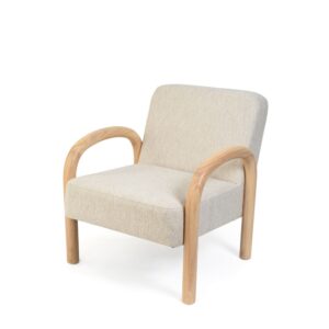 Wohnli Möbelsuche - Moderner niedriger Sessel mit Holzgestell und beigem Stoff.