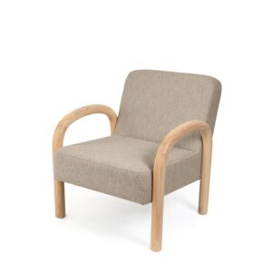 wohnli-moebel-suche-M25077634 Wohnli Möbelsuche - Moderner niedriger Sessel mit Holzgestell und taupefarbenem Stoff.