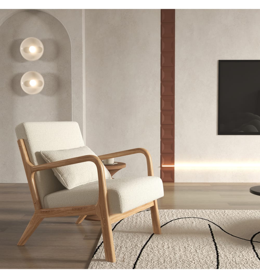 Sessel Stoff Curly Ecru und Naturholz 65x78x84cm Stoff Weiß Moloo Sofas und Sessel Sessel, Poufs und Fußbänke Sessel