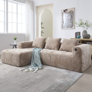 wohnli-moebel-suche-M25080323-1 3-Sitzer Sofa mit Khaki-Chenillebezug 230x60x158cm Stoff Taupe Flieks Sofas und Sessel Sofas Ecksofas