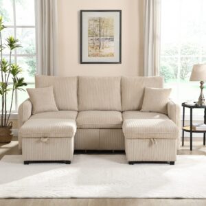 3-Sitzer Sofa mit Stauraum und minimalbeigem Chenillebezug 188x86x134cm Stoff Beige Flieks Sofas und Sessel Sofas Wohnlandschaften