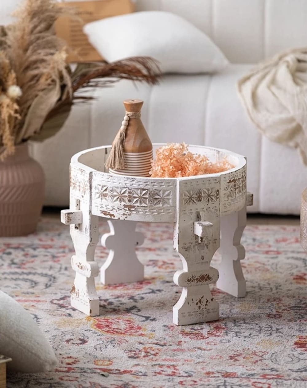 Runder Couchtisch aus geschnitztem Holz D48 0x35x0cm Holz Weiß Mathi Design Möbel Wohnzimmermöbel Couchtische