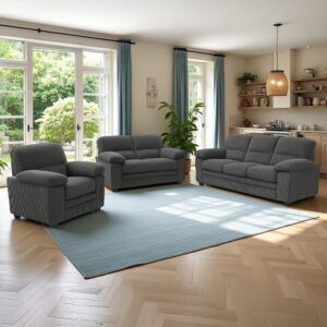 wohnli-moebel-suche-M25082580 Wohnli Möbelsuche - Dunkelgraue Cord-Sofagarnitur + 2-Sitzer + Sessel