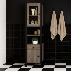 Badhochschrank mit 2 Türen und 1 Schublade in Betonoptik 35x180x33cm Spanplatte Schwarz Loft24 Möbel Badezimmermöbel Badezimmerschränke