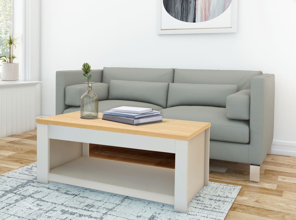 Couchtisch mit 1 Ablage aus MDF Eiche und Creme 47x41x105cm Spanplatte Braun Loft24 Möbel Wohnzimmermöbel Couchtische