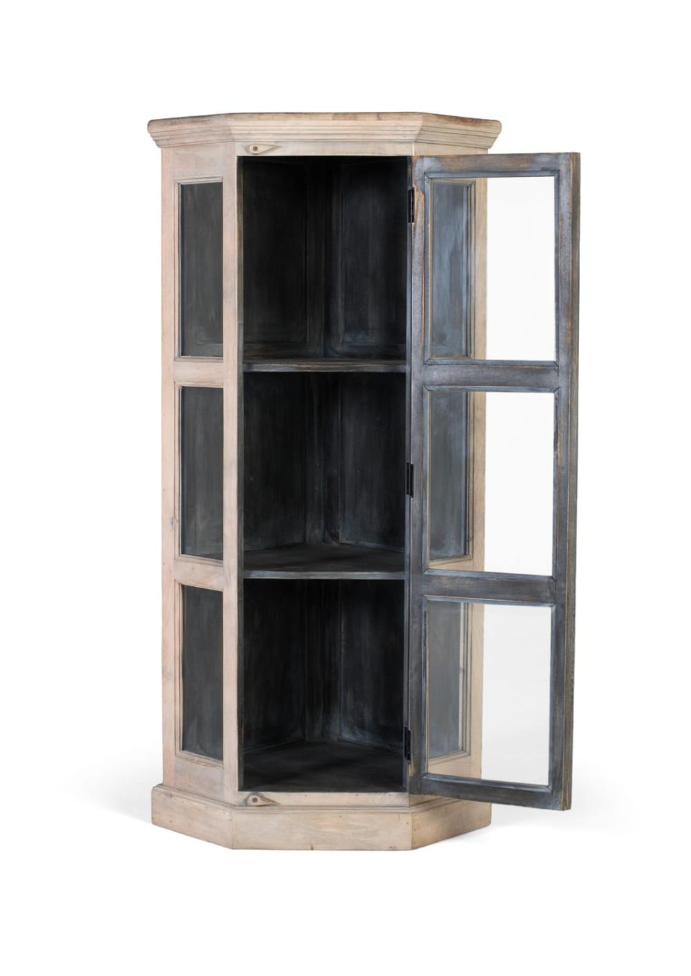 Eckvitrine aus Mangoholz mit Glastür 74x150x55cm Holz Weiß GINER Y COLOMER Möbel Esszimmermöbel Vitrine und Vitrinenschrank