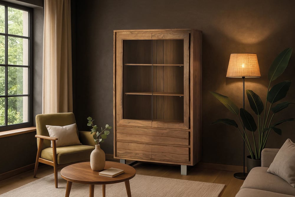Vitrine aus Mangoholz und Glas mit zwei Türen 190 cm 120x190x45cm Holz Braun GINER Y COLOMER Möbel Wohnzimmermöbel Regale
