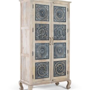 wohnli-moebel-suche-M25088507-1 Kleiderschrank aus Mangoholz mit handgeschnitzten Türen 180cm 97x180x46cm Holz Weiß GINER Y COLOMER Möbel Schlafzimmermöbel Schränke
