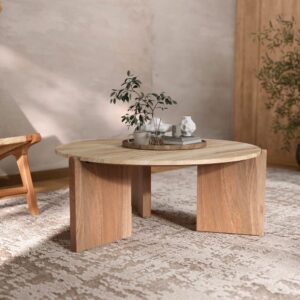 wohnli-moebel-suche-M25090443-1 Couchtisch aus Travertin und Holz Ø 85 cm 85x35x85cm Holz Braun Maison Pavane Möbel Wohnzimmermöbel Couchtische