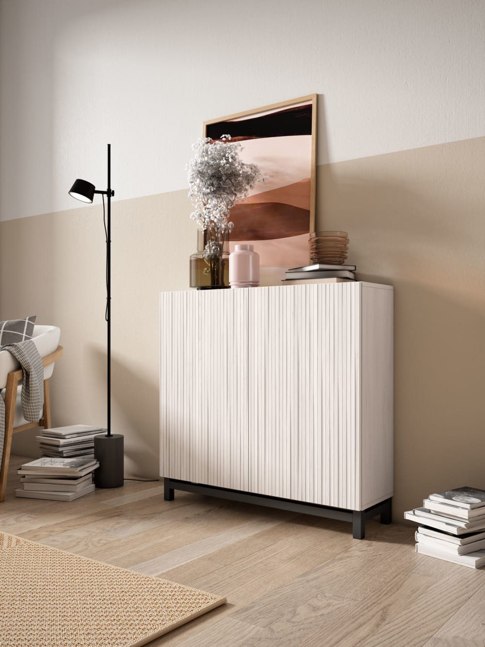 Schuhschrank Melamin Weiß Türen Lattenoptik weißen Grap.90x90x27 90x90x27cm Spanplatte Weiß Herdasa Möbel Flurmöbel Schuhschränke