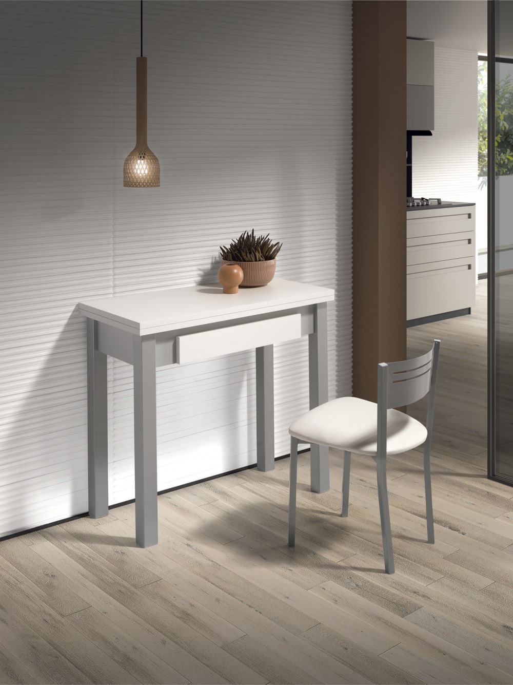 Ausziehbarer Tisch Klappsystem aus Melamin und Metall weiß‑grau L40/80 80x77x40cm Spanplatte Weiß Herdasa Möbel Esszimmermöbel Esstische