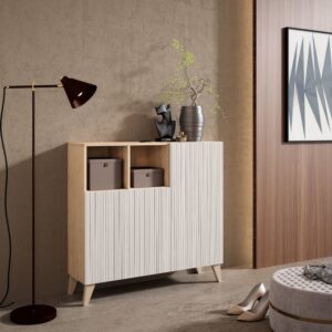 Schuhschrank Melamin Hell Eiche Türen weißem Lattenoptik 87x90x27 90x87x27cm Spanplatte Beige Herdasa Möbel Flurmöbel Schuhschränke