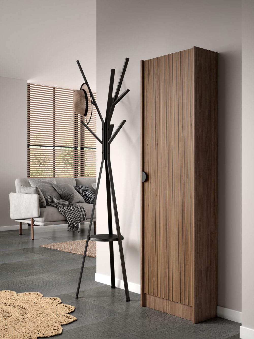 Schuhschrank Melamin Nussbaum Tür Lattenoptik Nussbaum 190x50x24cm 50x175x24cm Spanplatte Braun Herdasa Möbel Flurmöbel Schuhschränke