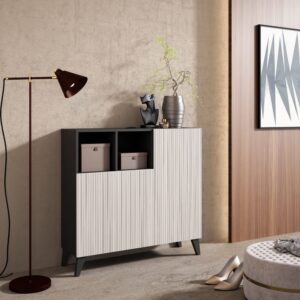 Schuhschrank Melamin Graphit Türen weißem Lattenoptik 87x90x27cm 90x87x27cm Spanplatte Grau Herdasa Möbel Flurmöbel Schuhschränke