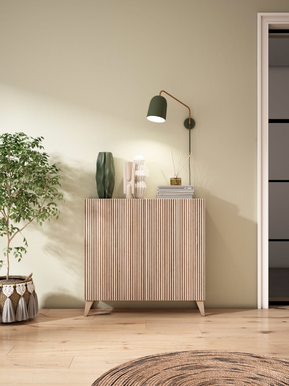 Schuhschrank Melamin Hellnussbaum Türen Lattenoptik Hell 87x90x27cm 90x87x27cm Spanplatte Beige Herdasa Möbel Flurmöbel Schuhschränke