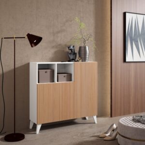 wohnli-moebel-suche-M25090530-1 Schuhschrank Melamin Weiß Türen Lattenoptik Eiche 87x90x27 cm 90x87x27cm Spanplatte Weiß Herdasa Möbel Flurmöbel Schuhschränke