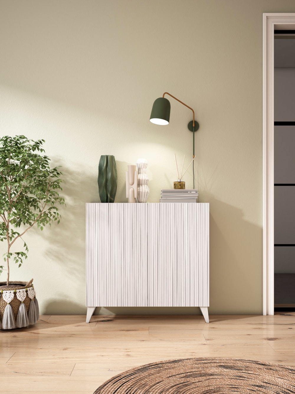 Schuhschrank Melamin Weiß weißem Türen Lattenoptik 87x90x27cm 90x87x27cm Spanplatte Weiß Herdasa Möbel Flurmöbel Schuhschränke