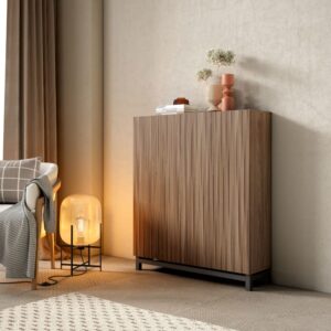 wohnli-moebel-suche-M25090539-1 Schuhschrank Melamin Nussbaum Türen Lattenoptik Nussbaum 112x90x27 90x112x27cm Spanplatte Braun Herdasa Möbel Flurmöbel Schuhschränke