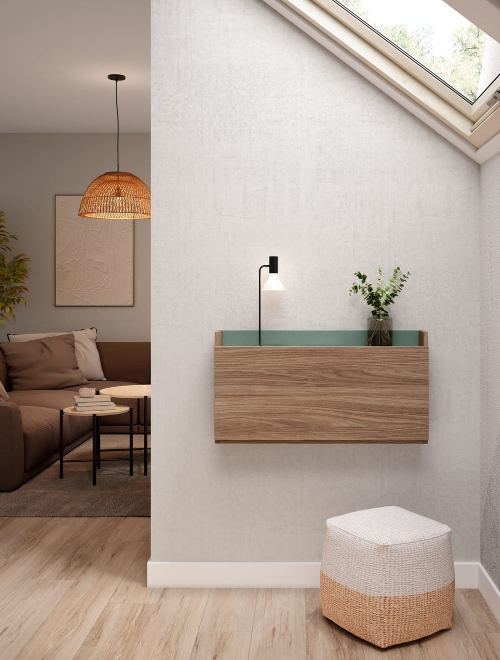wohnli-moebel-suche-M25090552-1 Wandschreibtisch Melamin Nussbaum und Grün 25x90x35 cm 80x42x47cm Spanplatte Braun Herdasa Möbel Büromöbel Schreibtische