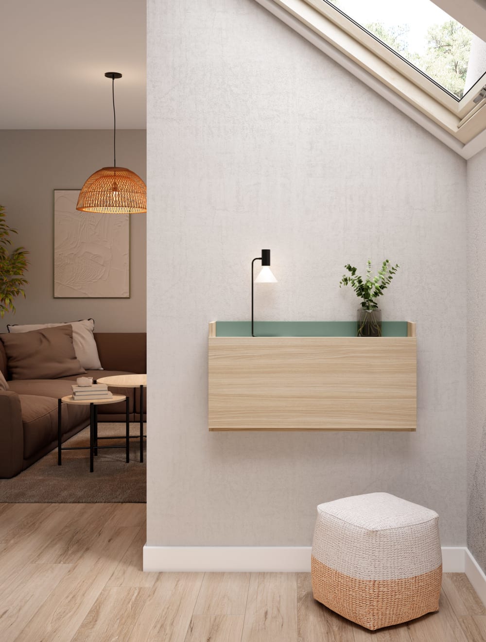 wohnli-moebel-suche-M25090554-1 Wandschreibtisch Melamin Hellnussbaum und Grün 25x90x35 cm 80x42x47cm Spanplatte Braun Herdasa Möbel Büromöbel Schreibtische