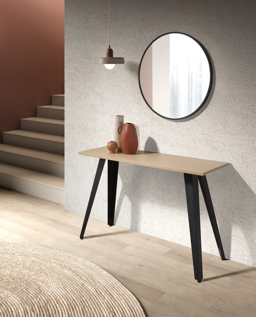 Flurmöbel-Konsole aus Melamin und Metall Eiche 76×120×40 cm 120x76x40cm Spanplatte Braun Hispanohogar Möbel Wohnzimmermöbel Konsolentische