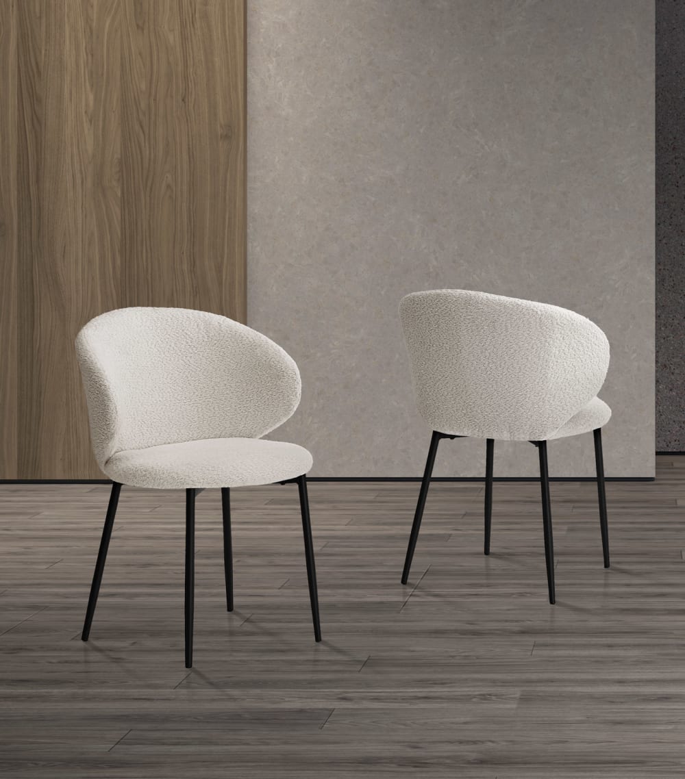 wohnli-moebel-suche-M25090643-1 2‑er Set Bouclé‑Stühle aus Stoff und Metall weiß 80×57×50 cm 57x80x50cm Stoff Weiß Hispanohogar Möbel Esszimmermöbel Stühle