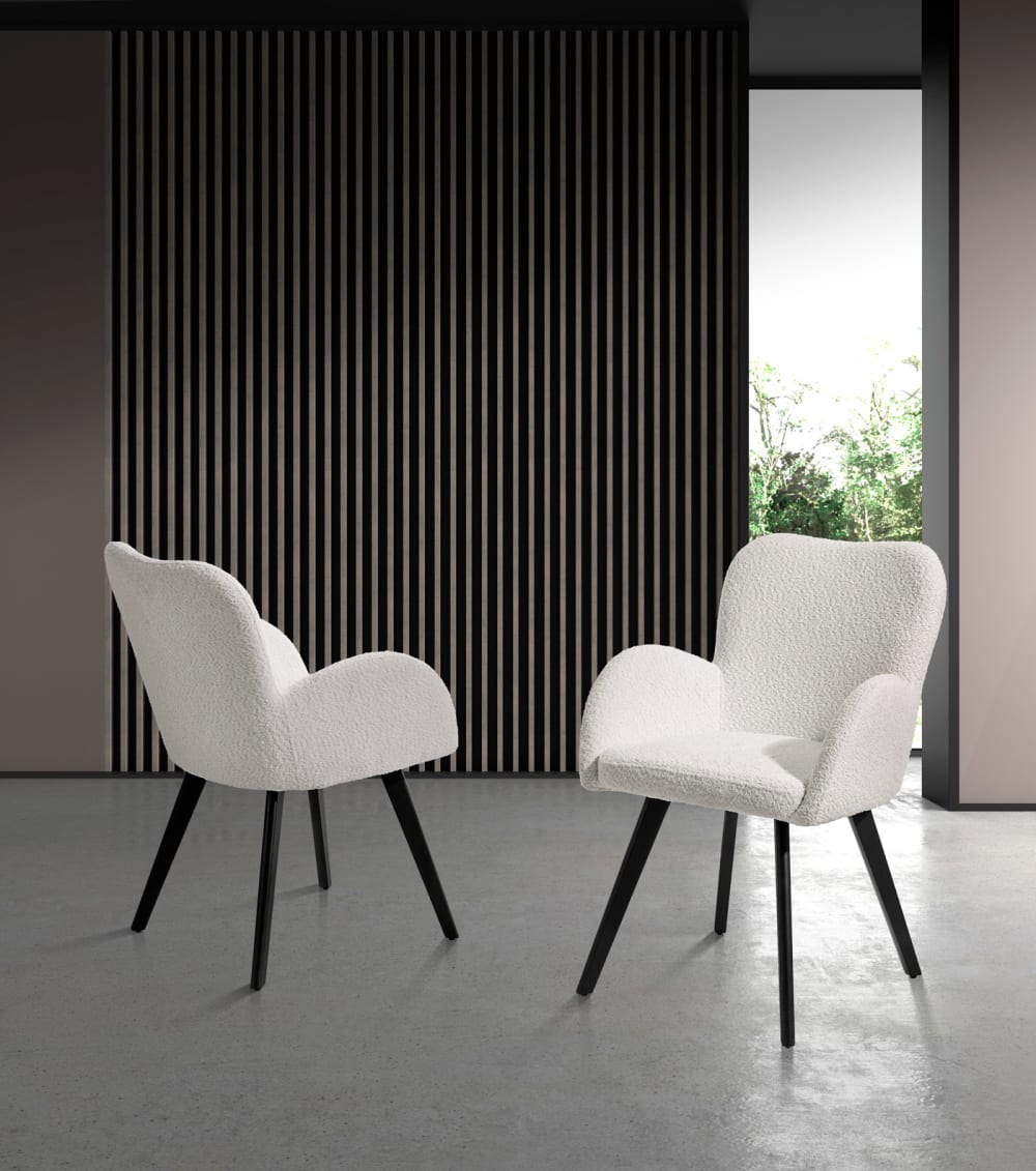 wohnli-moebel-suche-M25090647-1 2‑er Set Bouclé‑Stühle aus Stoff und Metall weiß 88×56×80 cm 56x88x60cm Stoff Weiß Hispanohogar Möbel Esszimmermöbel Stühle