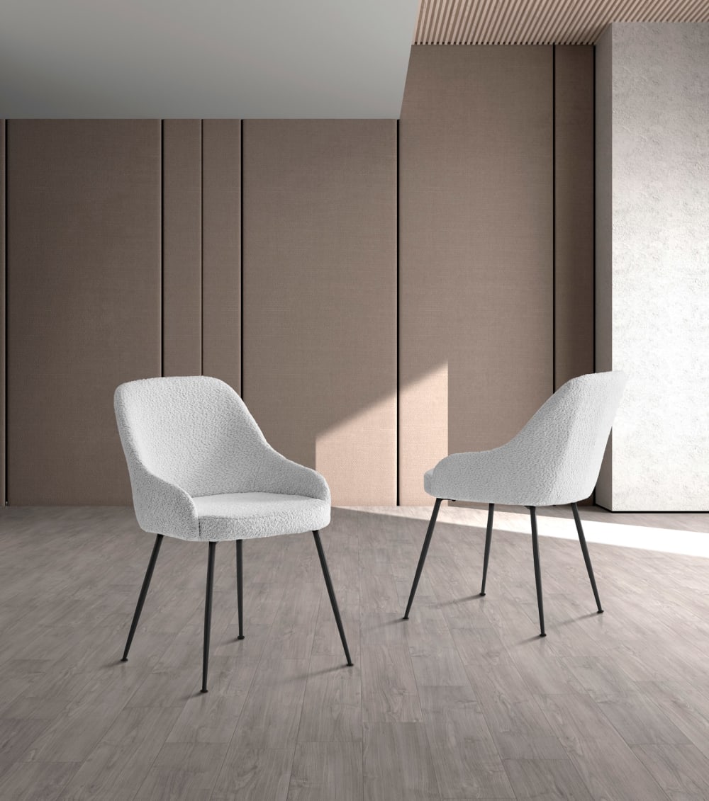 wohnli-moebel-suche-M25090653-1 2‑er Set Bouclé‑Stühle aus Stoff und Metall wollweiß 82×51×59 cm 51x82x59cm Stoff Weiß Hispanohogar Möbel Esszimmermöbel Stühle